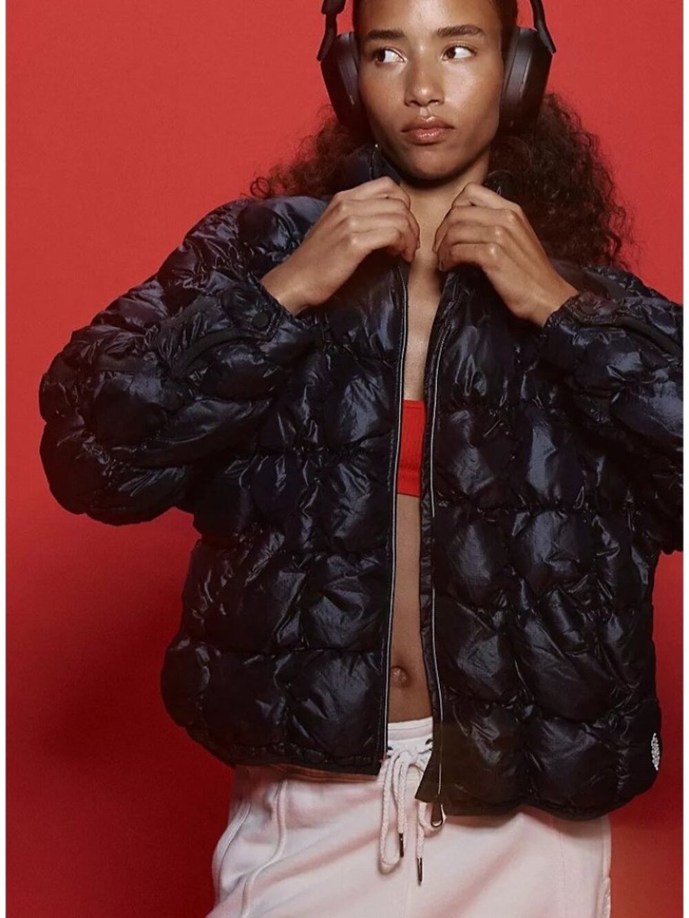 Free People Scrunchy Glossy Pippa Packable Puffer Jacket Gorpcore Black Womens L